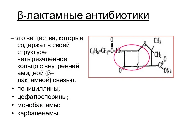 β-лактамные антибиотики – это вещества, которые содержат в своей структуре четырехчленное