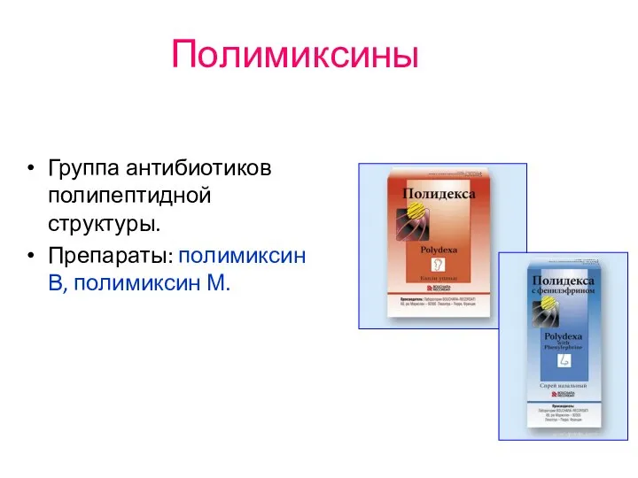 Полимиксины Группа антибиотиков полипептидной структуры. Препараты: полимиксин В, полимиксин М.