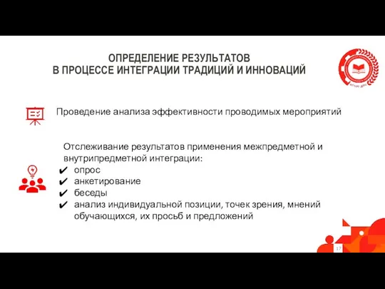 ОПРЕДЕЛЕНИЕ РЕЗУЛЬТАТОВ В ПРОЦЕССЕ ИНТЕГРАЦИИ ТРАДИЦИЙ И ИННОВАЦИЙ Проведение анализа эффективности