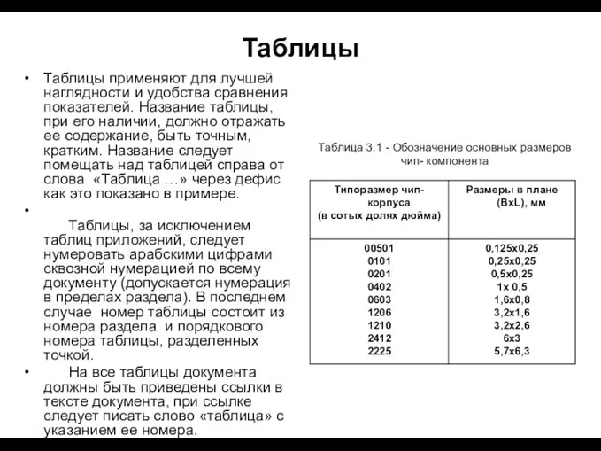 Таблицы Таблицы применяют для лучшей наглядности и удобства сравнения показателей. Название