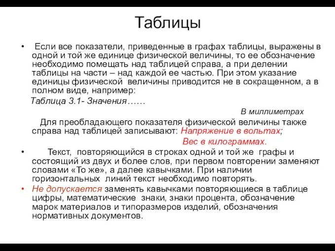 Таблицы Если все показатели, приведенные в графах таблицы, выражены в одной