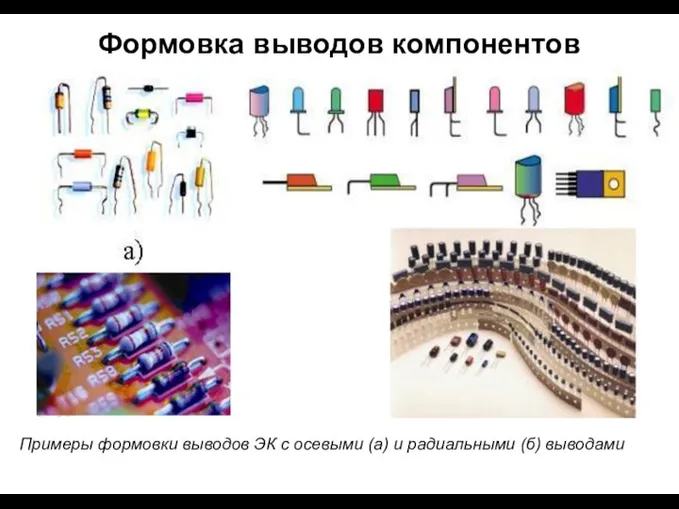 Формовка выводов компонентов Примеры формовки выводов ЭК с осевыми (а) и радиальными (б) выводами