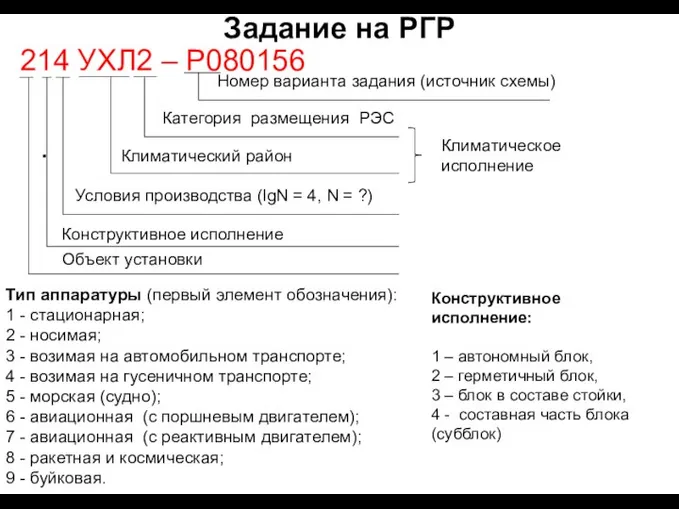 Задание на РГР . Тип аппаратуры (первый элемент обозначения): 1 -