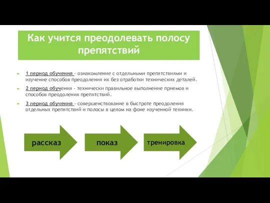 Как учится преодолевать полосу препятствий 1 период обучения - ознакомление с