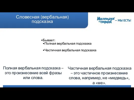 Словесная (вербальная) подсказка Бывает: Полная вербальная подсказка Частичная вербальная подсказка Полная