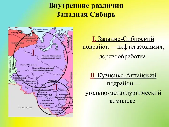 I. Западно-Сибирский подрайон —нефтегазохимия, деревообработка. II. Кузнецко-Алтайский подрайон— угольно-металлургический комплекс. Внутренние различия Западная Сибирь