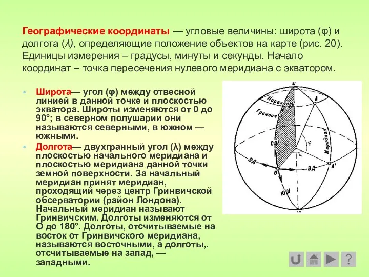 Географические координаты — угловые величины: широта (φ) и долгота (λ), определяющие