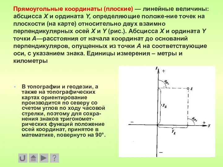 Прямоугольные координаты (плоские) — линейные величины: абсцисса Х и ордината Y,