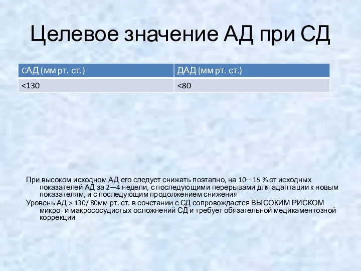 Целевое значение АД при СД При высоком исходном АД его следует