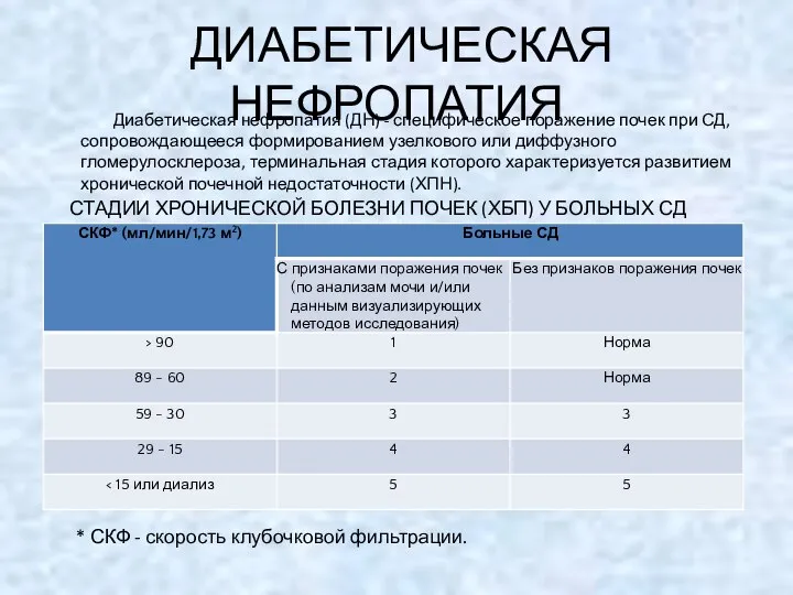 ДИАБЕТИЧЕСКАЯ НЕФРОПАТИЯ Диабетическая нефропатия (ДН) - специфическое поражение почек при СД,