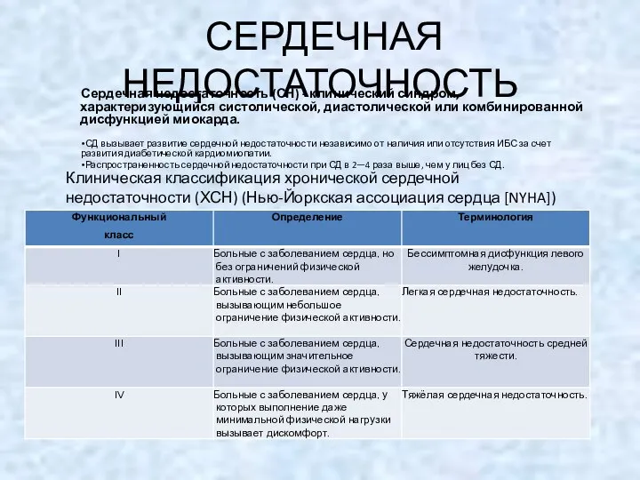 СЕРДЕЧНАЯ НЕДОСТАТОЧНОСТЬ Сердечная недостаточность (СН) - клинический синдром, характеризующийся систолической, диастолической