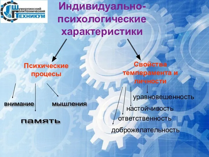 Индивидуально-психологические характеристики Психические процесы Свойства темперамента и личности внимание память мышления уравновешенность ответственность настойчивость доброжелательность