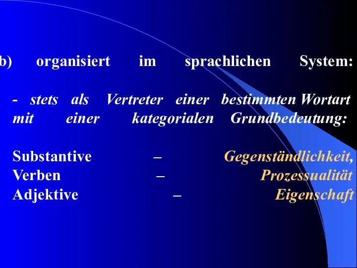 organisiert im sprachlichen System: - stets als Vertreter einer bestimmten Wortart