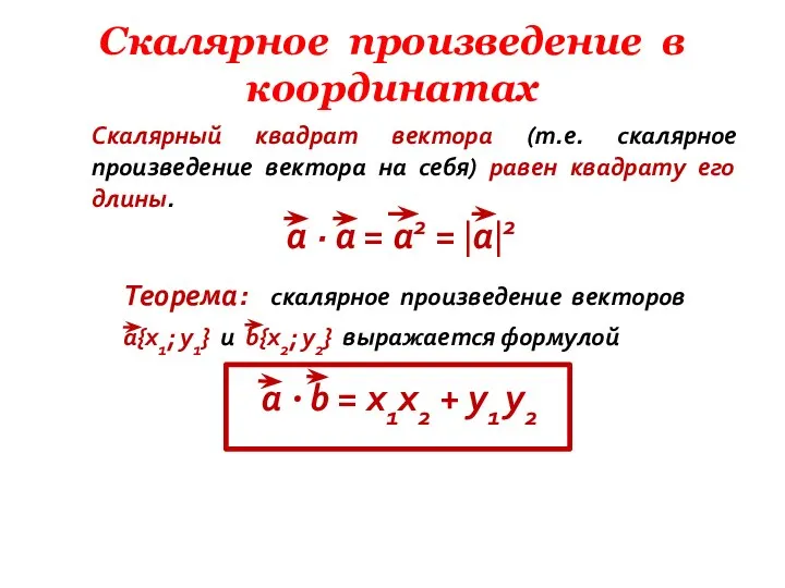 Скалярный квадрат вектора (т.е. скалярное произведение вектора на себя) равен квадрату