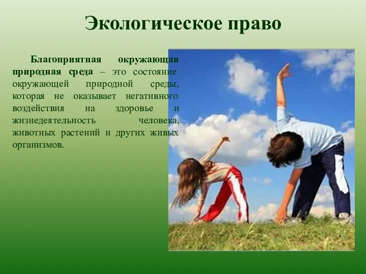 Экологическое право Благоприятная окружающая природная среда – это состояние окружающей природной