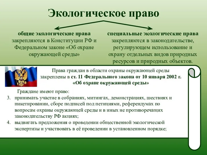 Экологическое право общие экологические права закрепляются в Конституции РФ и Федеральном