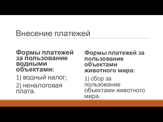 Внесение платежей Формы платежей за пользование водными объектами: 1) водный налог;