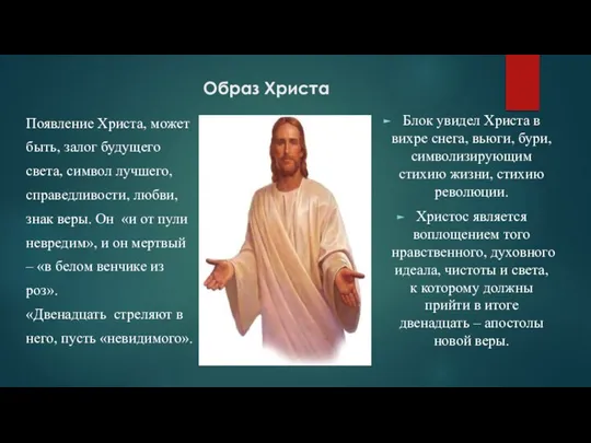 Образ Христа Блок увидел Христа в вихре снега, вьюги, бури, символизирующим