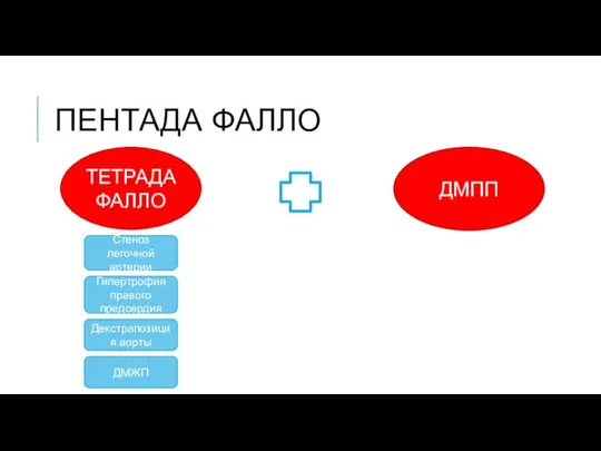 ПЕНТАДА ФАЛЛО Стеноз легочной артерии Гипертрофия правого предсердия Декстрапозиция аорты ДМЖП ТЕТРАДА ФАЛЛО ДМПП