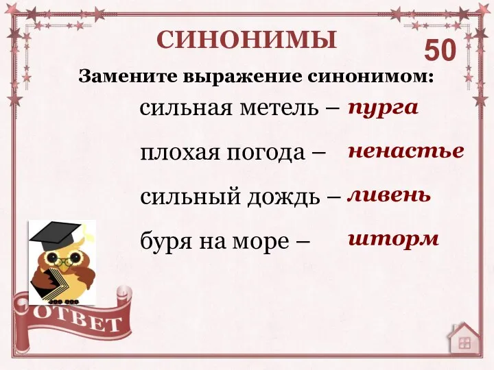 Замените выражение синонимом: сильная метель – плохая погода – сильный дождь