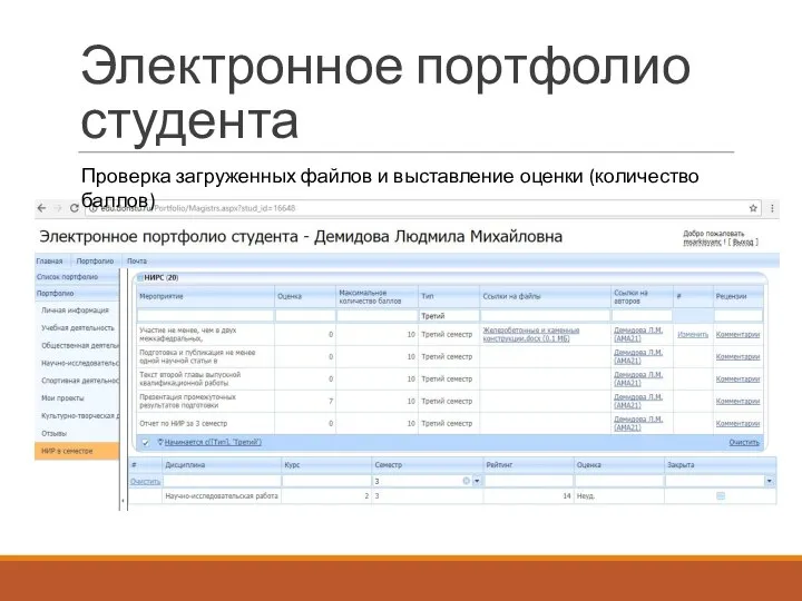 Электронное портфолио студента Проверка загруженных файлов и выставление оценки (количество баллов)