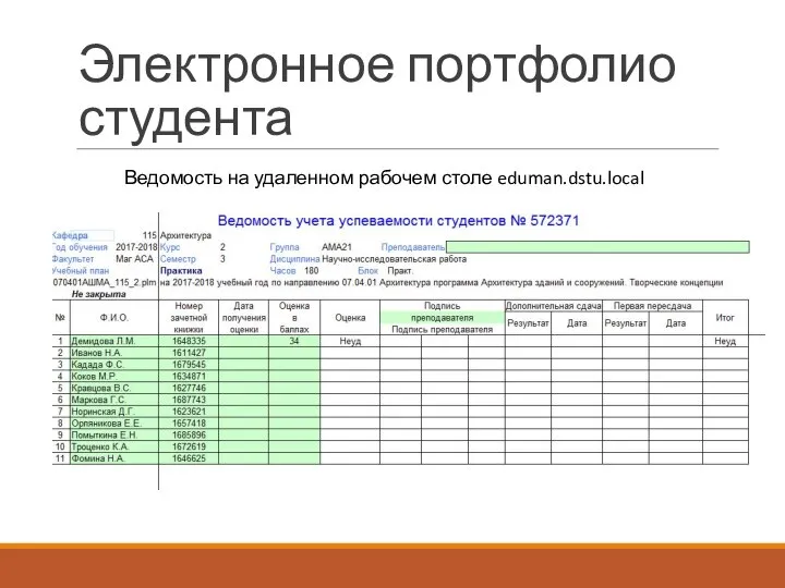 Электронное портфолио студента Ведомость на удаленном рабочем столе eduman.dstu.local