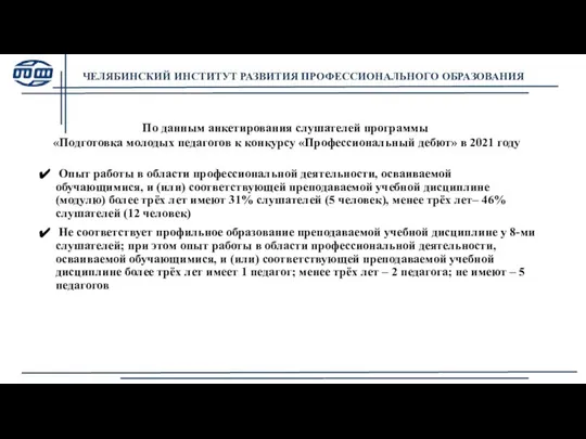 ЧЕЛЯБИНСКИЙ ИНСТИТУТ РАЗВИТИЯ ПРОФЕССИОНАЛЬНОГО ОБРАЗОВАНИЯ По данным анкетирования слушателей программы «Подготовка