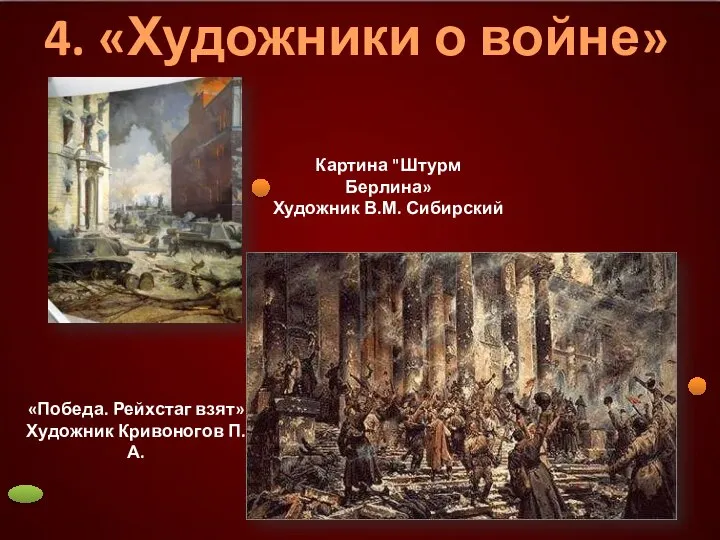 «Победа. Рейхстаг взят» Художник Кривоногов П.А. 4. «Художники о войне» Картина "Штурм Берлина» Художник В.М. Сибирский