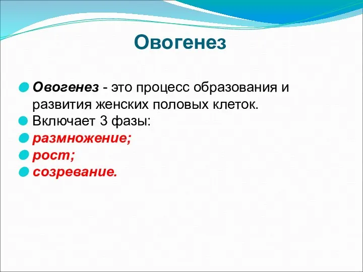 Овогенез Овогенез - это процесс образования и развития женских половых клеток.