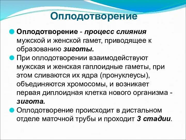 Оплодотворение Оплодотворение - процесс слияния мужской и женской гамет, приводящее к