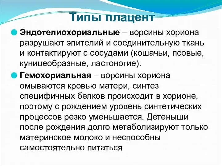 Типы плацент Эндотелиохориальные – ворсины хориона разрушают эпителий и соединительную ткань