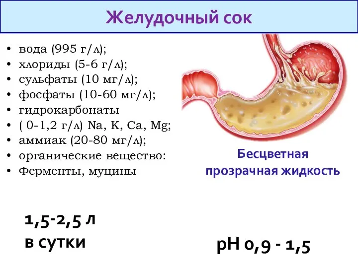 вода (995 г/л); хлориды (5-6 г/л); сульфаты (10 мг/л); фосфаты (10-60