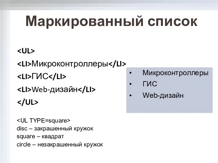 Маркированный список Микроконтроллеры ГИС Web-дизайн disc – закрашенный кружок square –