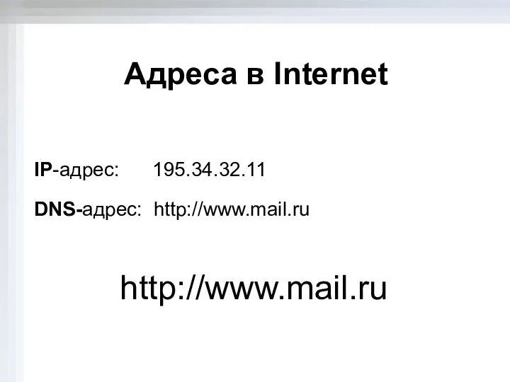 Адреса в Internet IP-адрес: 195.34.32.11 DNS-адрес: http://www.mail.ru http://www.mail.ru