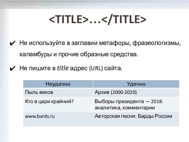 Не используйте в заглавии метафоры, фразеологизмы, каламбуры и прочие образные средства.