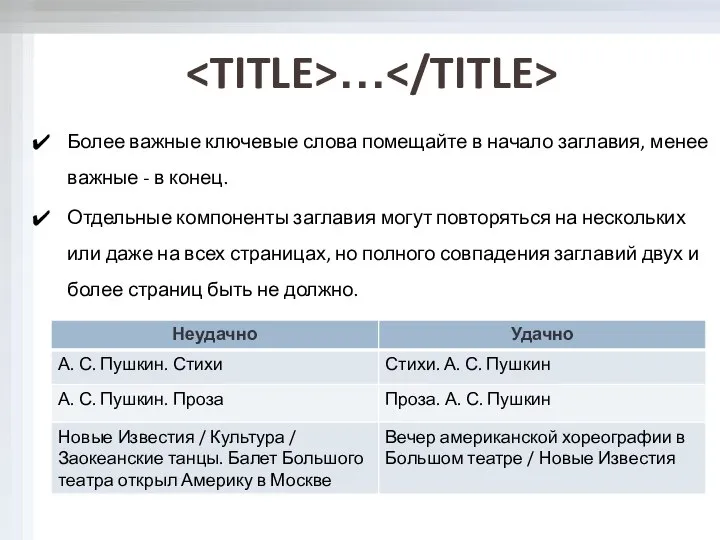 Более важные ключевые слова помещайте в начало заглавия, менее важные -