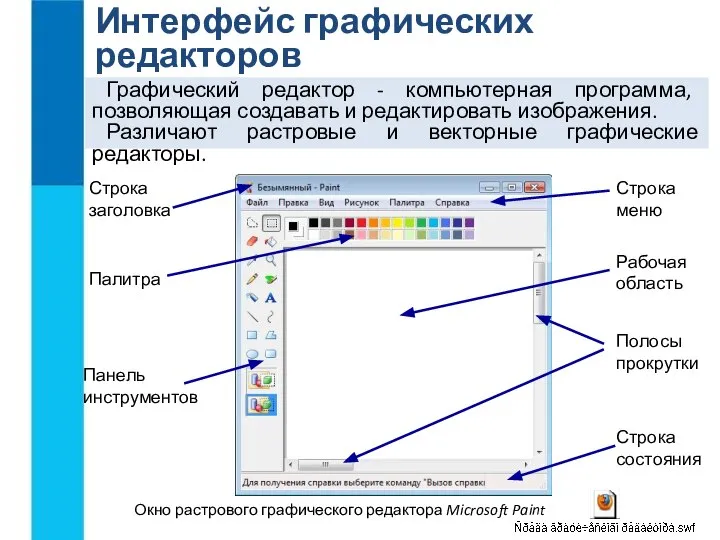 Интерфейс графических редакторов Графический редактор - компьютерная программа, позволяющая создавать и