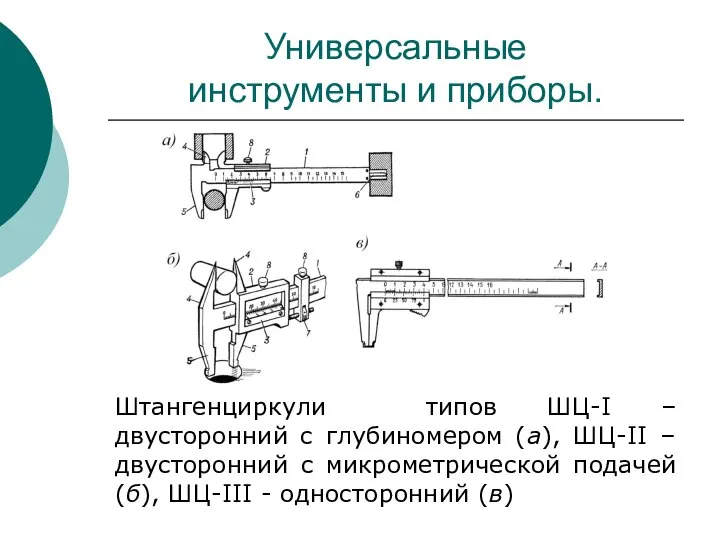 Универсальные инструменты и приборы. Штангенциркули типов ШЦ-I – двусторонний с глубиномером