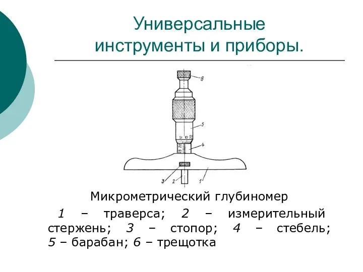 Универсальные инструменты и приборы. Микрометрический глубиномер 1 – траверса; 2 –