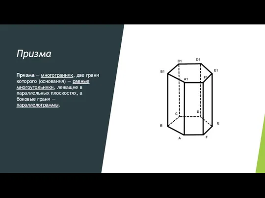 Призма Призма — многогранник, две грани которого (основания) — равные многоугольники,