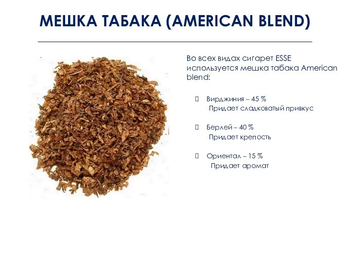 МЕШКА ТАБАКА (AMERICAN BLEND) Вирджиния – 45 % Придает сладковатый привкус