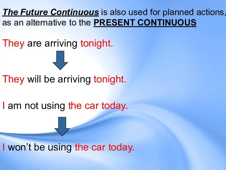 The Future Continuous is also used for planned actions, as an