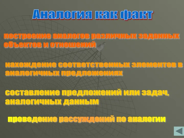 Аналогия как факт построение аналогов различных заданных объектов и отношений нахождение