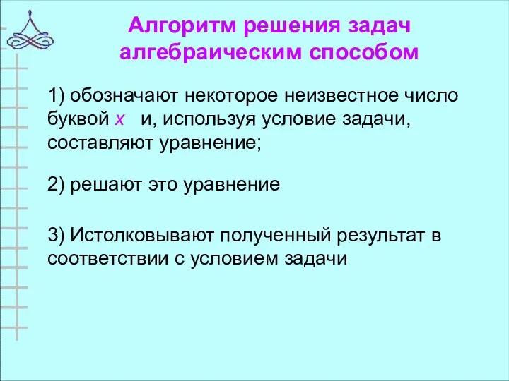 Алгоритм решения задач алгебраическим способом 1) обозначают некоторое неизвестное число буквой