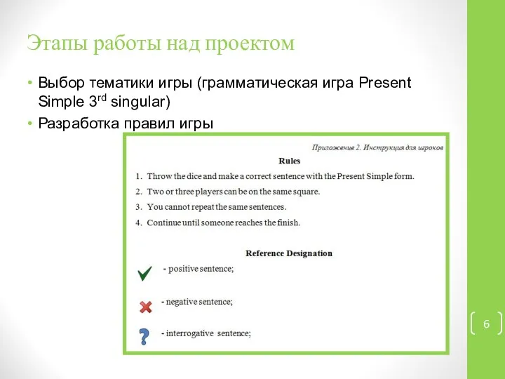 Этапы работы над проектом Выбор тематики игры (грамматическая игра Present Simple 3rd singular) Разработка правил игры