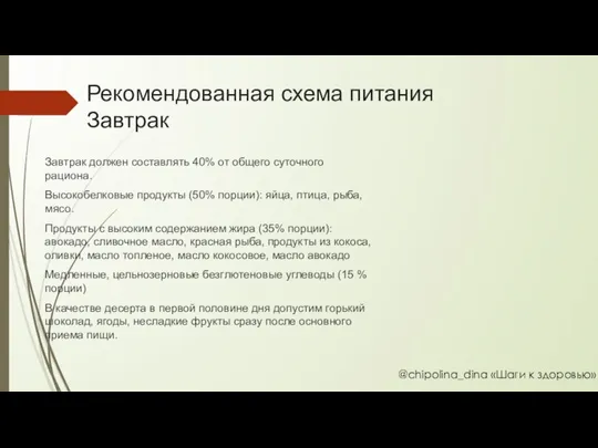 Рекомендованная схема питания Завтрак Завтрак должен составлять 40% от общего суточного