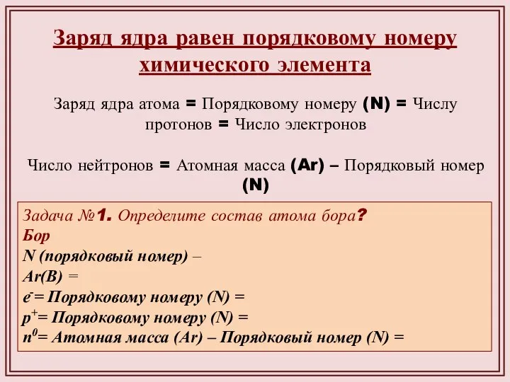 Заряд ядра равен порядковому номеру химического элемента Заряд ядра атома =