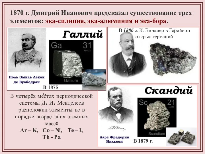 1870 г. Дмитрий Иванович предсказал существование трех элементов: эка-силиция, эка-алюминия и