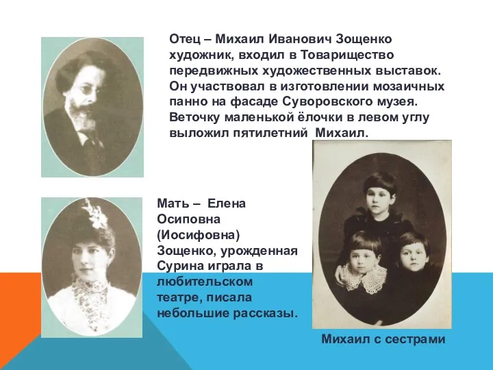 Отец – Михаил Иванович Зощенко художник, входил в Товарищество передвижных художественных