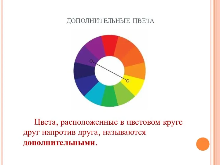 дополнительные цвета Цвета, расположенные в цветовом круге друг напротив друга, называются дополнительными.